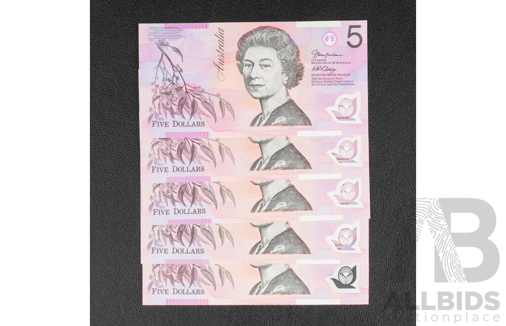 Five Australian UNC Five Dollar Banknotes Including 1998 Macfalane/Evans, 2005 Macfarlane/Henry, 2008 Stevens/Henry(2), 2012 Stevens/Parkinson