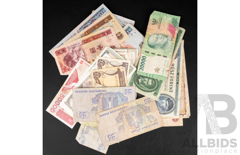 Collection of Vintage International Banknotes Including Argentina, Cambodia, Bahrain, China, Cyprus, Netherlands, Germany, Egypt, Budapest, Iran, Israel, Indonesia, Italy Korea, Laos, Philippines, Samoa, Vietnam and More