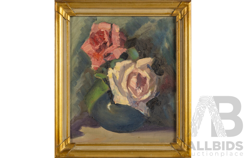 Artist Unknown, (20th Century), Blue Vase, Pink Roses, Original Vintage Oil on Canvas Board, 37 X 32 Cm (frame)