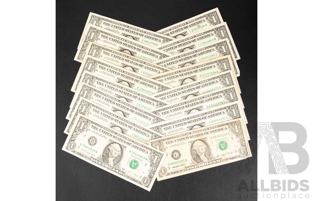 Seventeen USA One Dollar Notes, Examples Spanning 1988 to 2013 Including 2013 Star Note