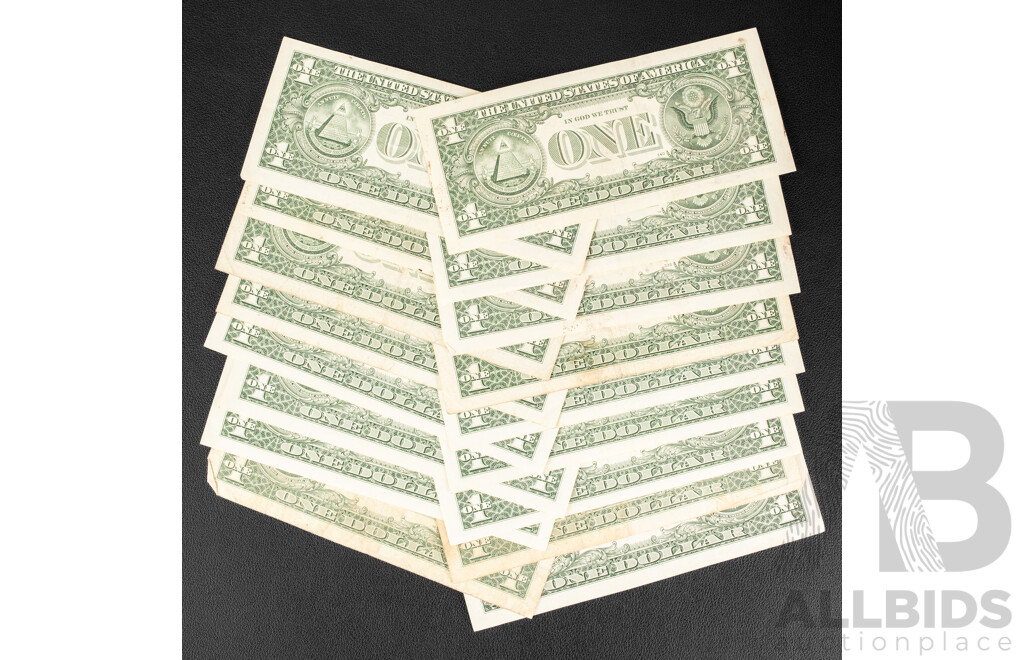 Seventeen USA One Dollar Notes, Examples Spanning 1988 to 2013 Including 2013 Star Note