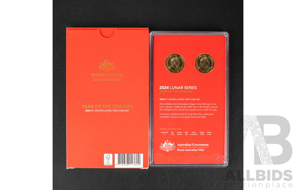 Australian RAM 2024 One Dollar Coin Set, Lunar Series Year of the Dragon