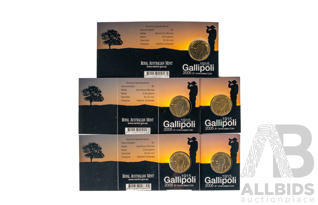 Five Australian 2005 One Dollar Coins, Gallipoli Set C, G, S, B, M Mint Marks.