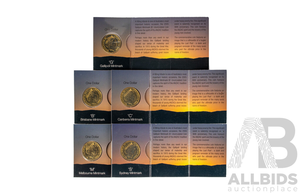 Five Australian 2005 One Dollar Coins, Gallipoli Set C, G, S, B, M Mint Marks.