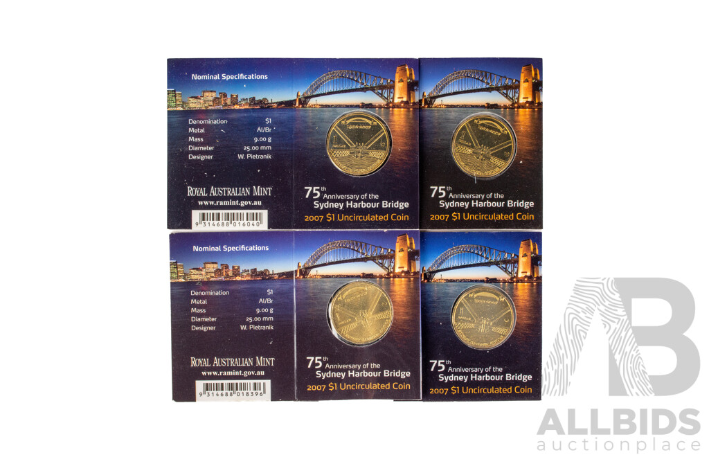Five Australian 2007 One Dollar Coins, 75th Anniversary of the Sydney Harbour Bridge C, S, B, M Mint Marks.