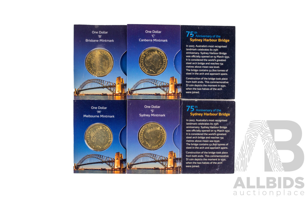 Five Australian 2007 One Dollar Coins, 75th Anniversary of the Sydney Harbour Bridge C, S, B, M Mint Marks.