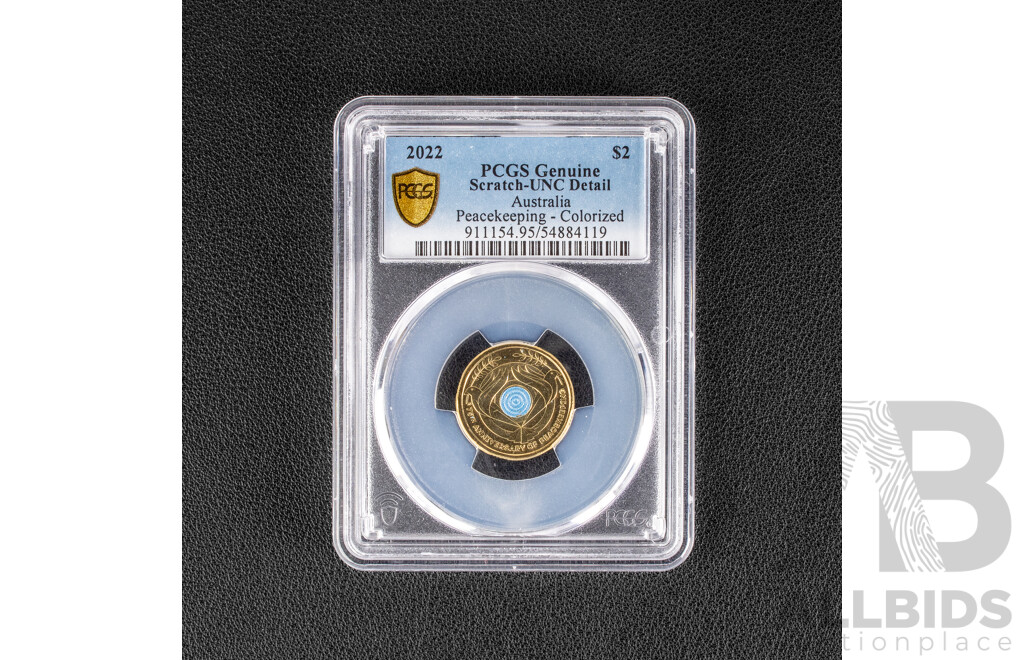 Australian 2022 Two Dollar Coin, 75th Anniversary Peacekeeping, PCGS Scratch UNC Detail