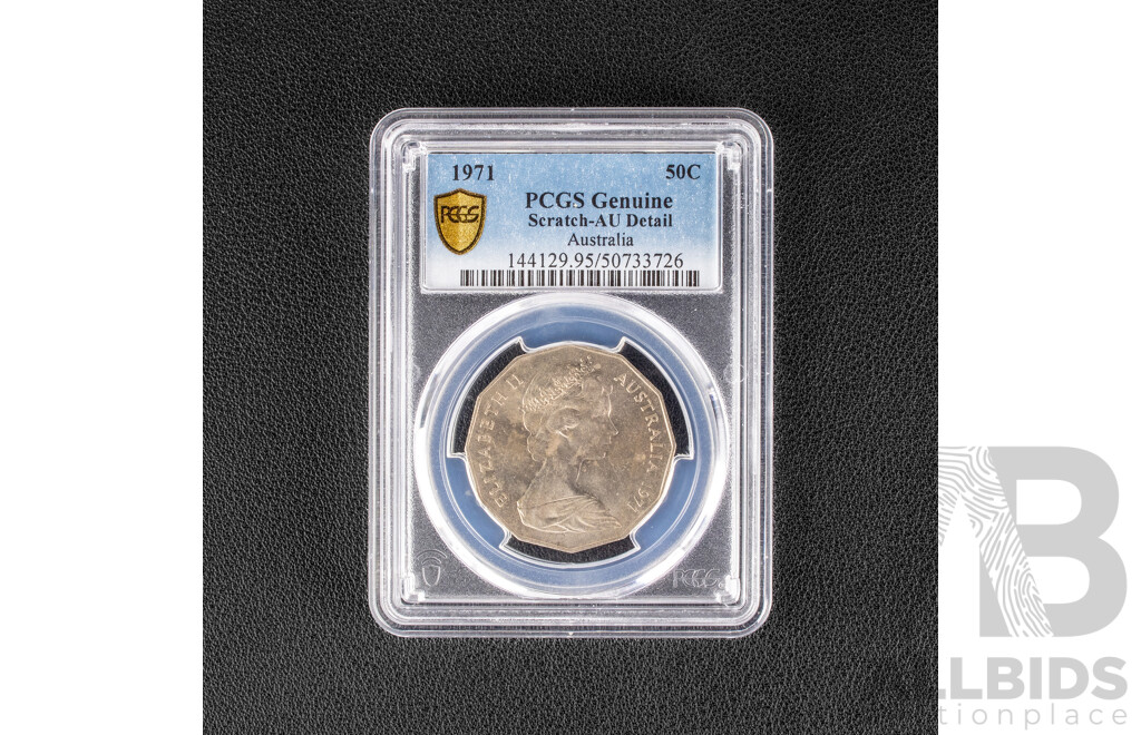 Australian 1971 Fifty Cent Coin, PCGS Scratch AU Detail