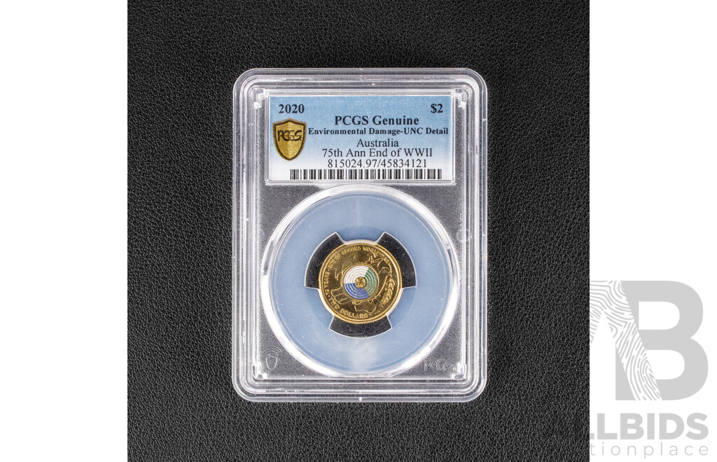 Australian 2020 Two Dollar Coin, 75th Anniversary End of WW2, PCGS Environmental Damage - UNC Detail