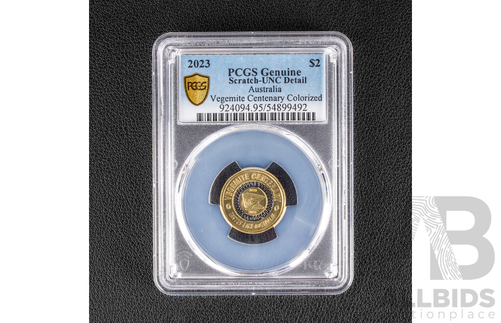 Australian 2023 Two Dollar Coin, Vegemite Centenary, PCGS Genuine Scratch UNC Detail