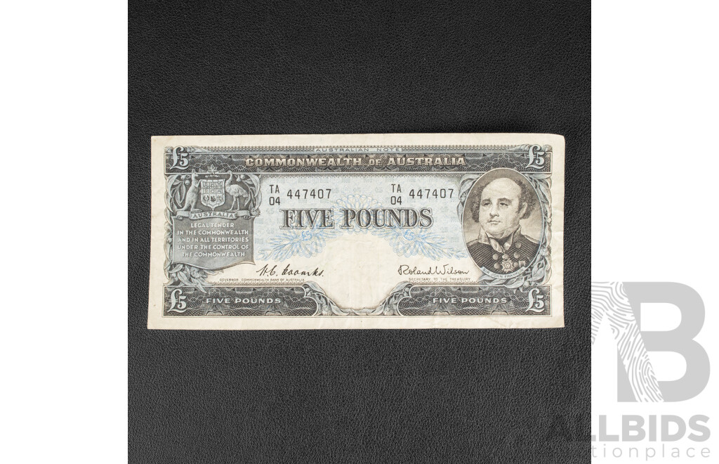 Australian 1954 Five Pound Note, R49 Coombs/Wilson R49