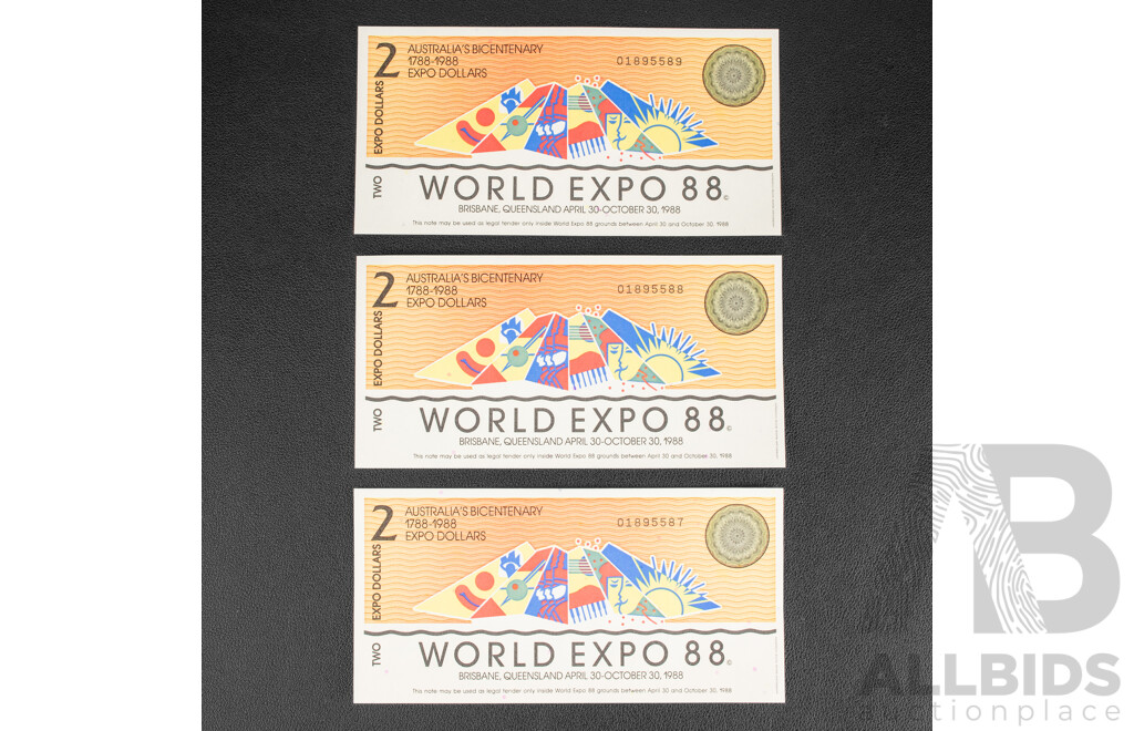 Three Australian 1988 UNC World Expo Consecutive Two Dollar Notes