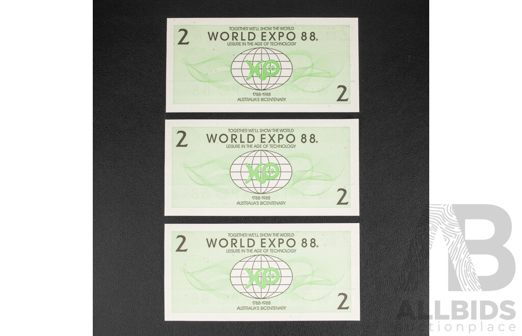Three Australian 1988 UNC World Expo Consecutive Two Dollar Notes