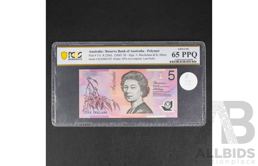Australian 2005 Five Dollar Note R220cL, MacFarlane/Henry Gem UNC note 35 R220cl