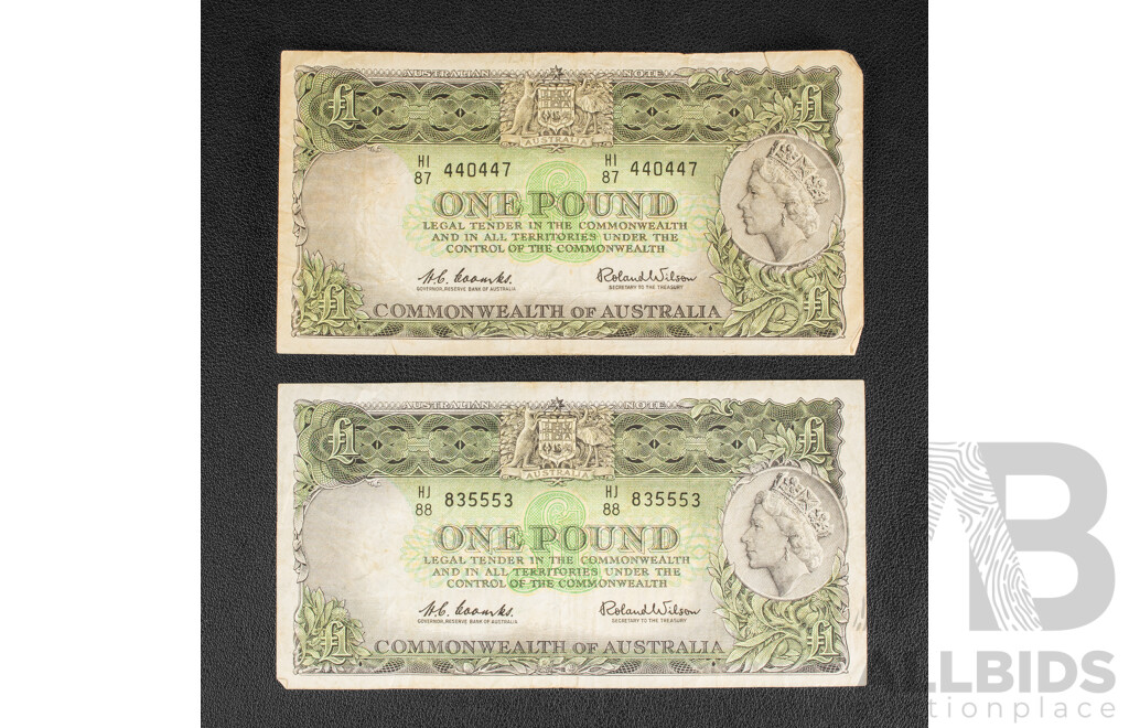 Australian 1953, 1961 One Pound Notes R33,R34b Coombs/Wilson
