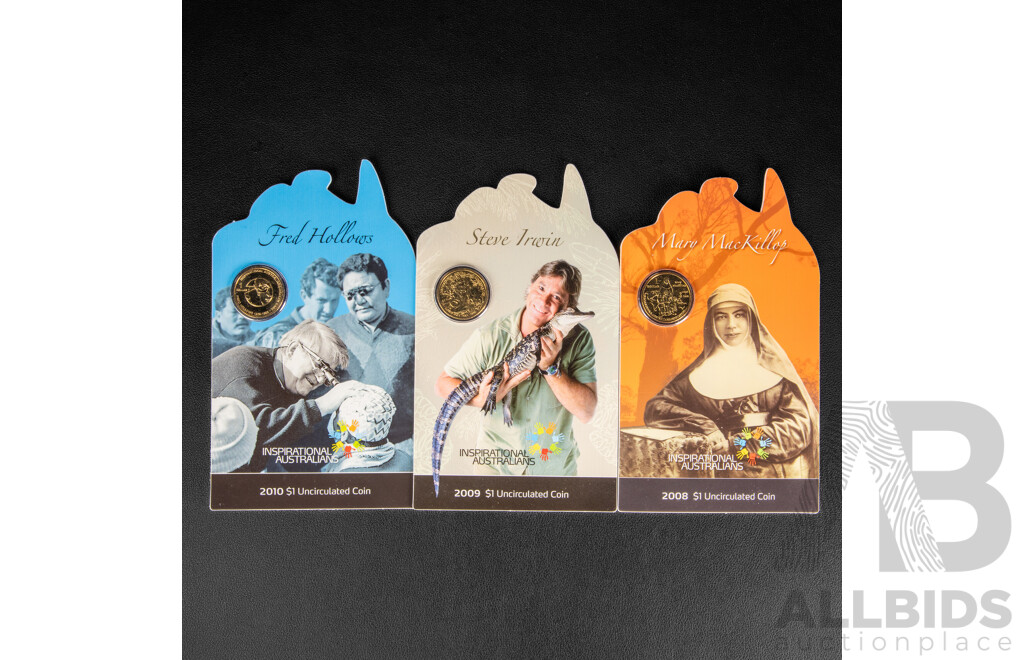 Three Australian Carded One Dollar Coins 2008, 2009, 2010