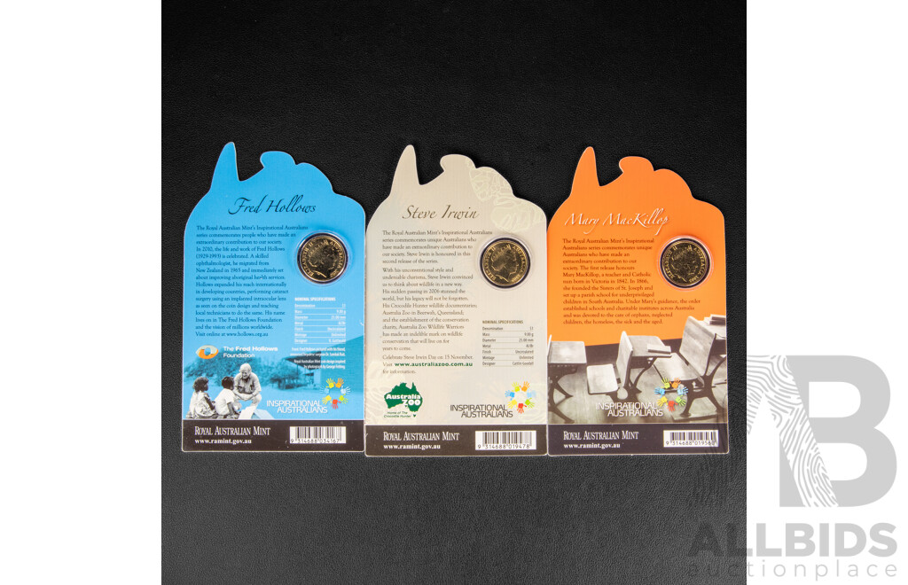 Three Australian Carded One Dollar Coins 2008, 2009, 2010