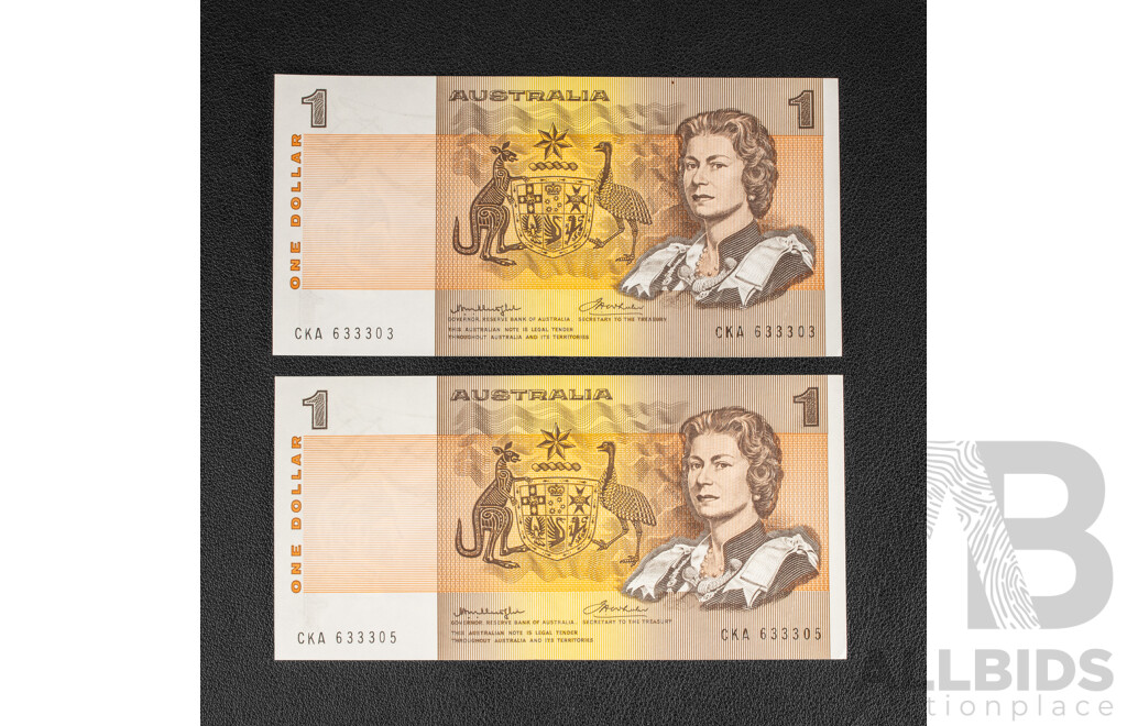 Two Australian 1976 UNC One Dollar Notes Knight Wheeler R76a, Consecutive