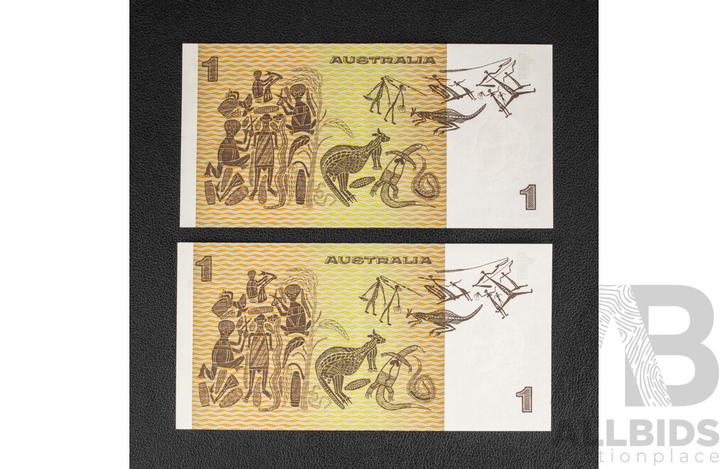 Two Australian 1976 UNC One Dollar Notes Knight Wheeler R76a, Consecutive