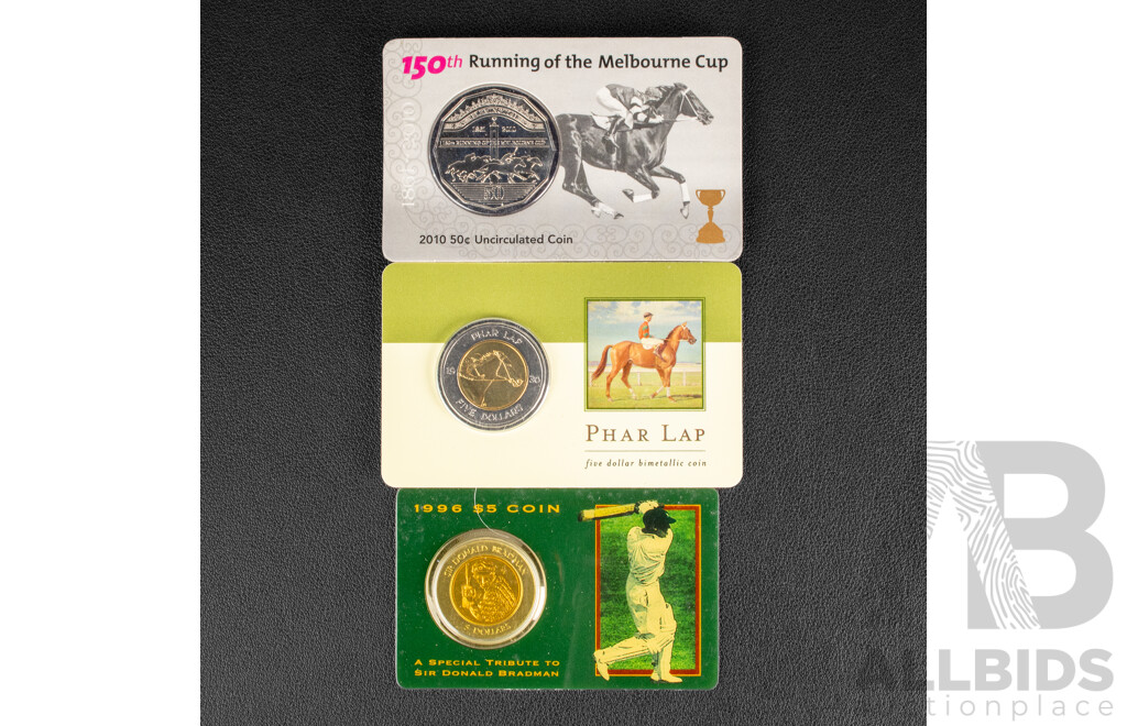 Australian 2010 Melbourne Cup, 2000 Phar Lap, 1996 Bradman $5 and 50c coins.