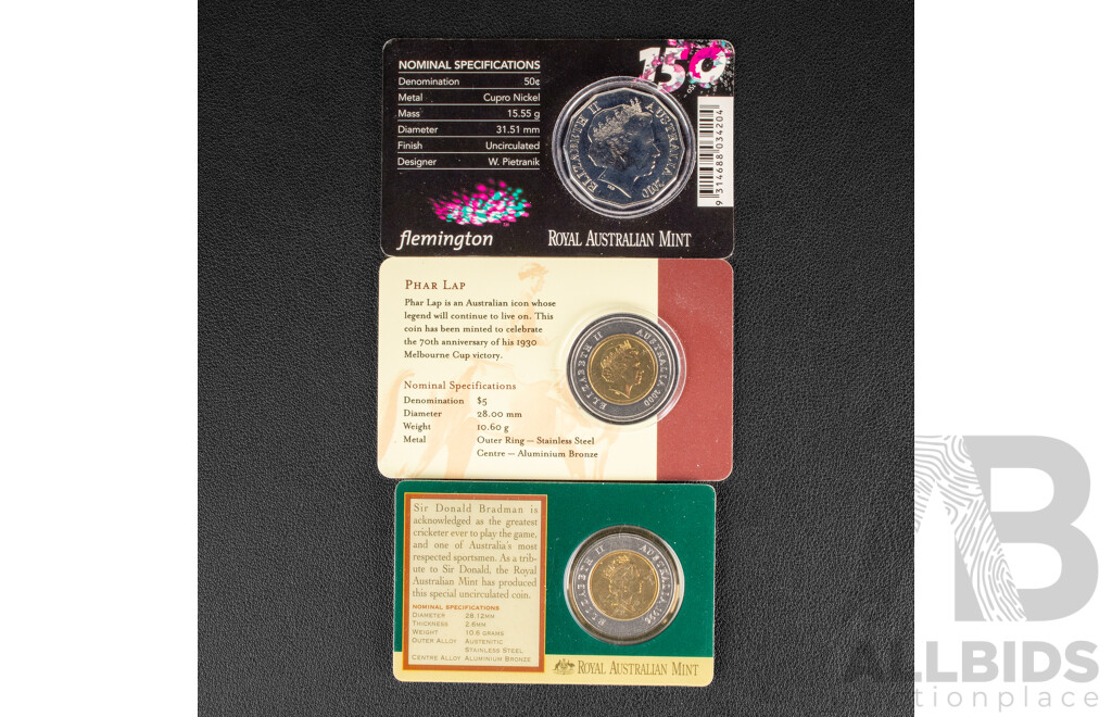 Australian 2010 Melbourne Cup, 2000 Phar Lap, 1996 Bradman $5 and 50c coins.