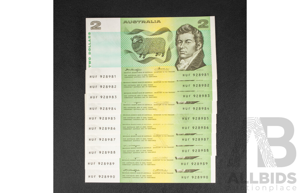 Ten Australian 1978 Two Dollar Notes, Knight Wheeler R86c Consecutive