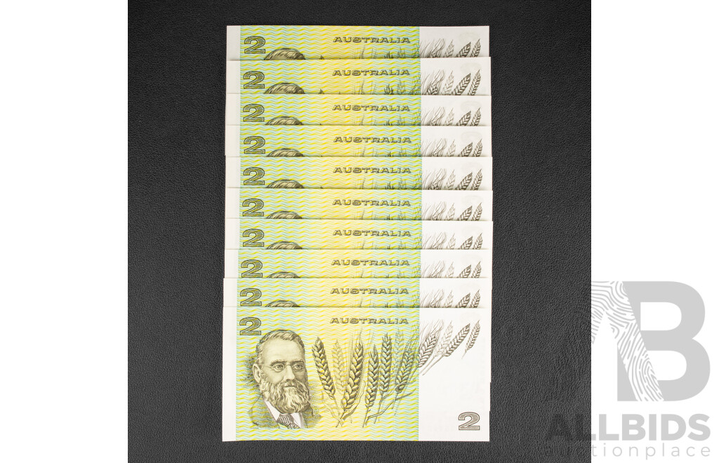Ten Australian 1978 Two Dollar Notes, Knight Wheeler R86c Consecutive