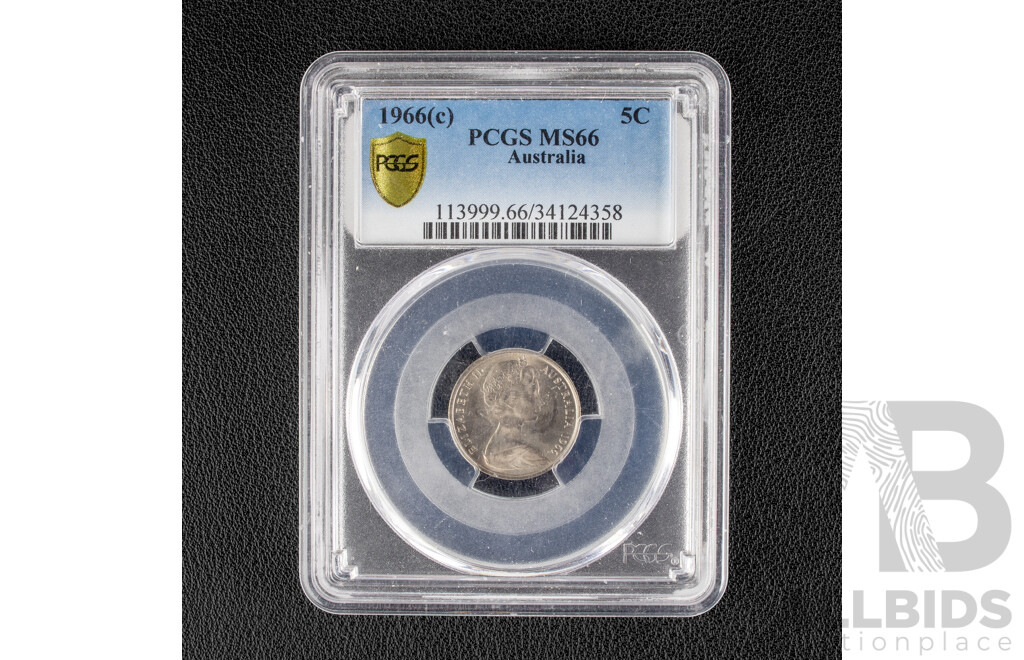 Australian 1966 Five Cent Coin, Graded PCGS MS66 a/GEM 30