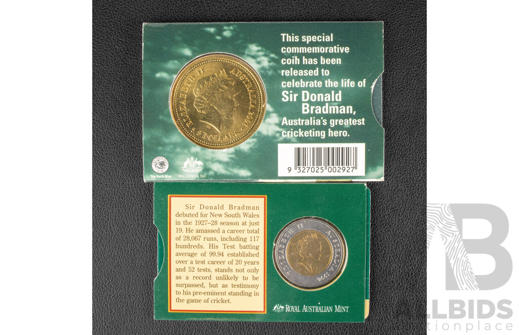 Australian RAM 1996 and 2001 Five Dollar Coins, Donald Bradman