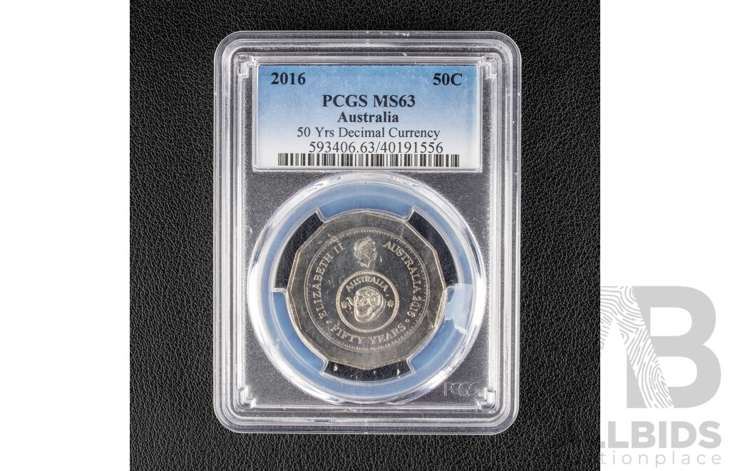Australian RAM 2016 Fifty Cent Coin, 50 Years Decimal, Graded PCGS MS63 a/Choice 45