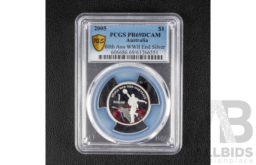 Australian RAM 2005 RAM Silver Proof One Dollar Coin, 60 Years WW2, Dancing Man, Graded PCGS PR69 100.