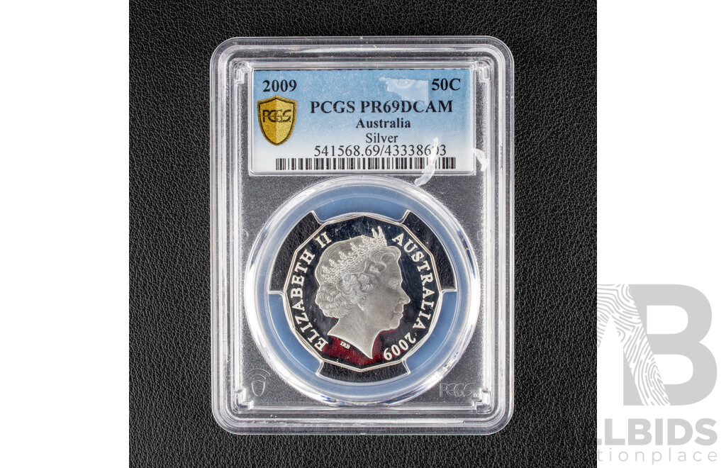 Australian RAM 2009 Silver Proof Fifty Cent Coin, Coat of Arms, Graded PCGS PR69 DCAM. 100