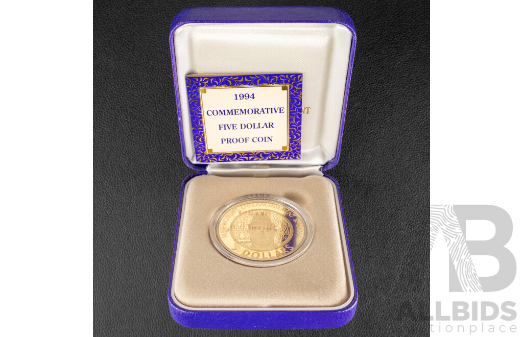 Australian RAM 1994 Bimetallic Five Dollar Coin, One Hundred Years of the Enfranchisement of Women in South Australia
