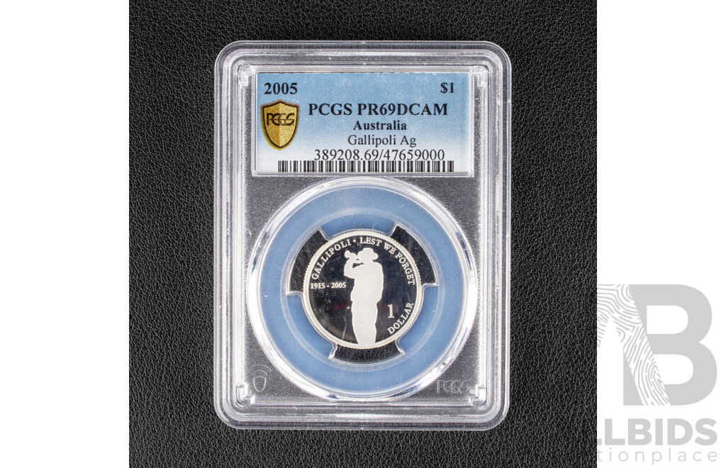 Australian RAM 2005 Silver Proof One Dollar Coin, Lest We Forget Gallipoli, Graded PCGS PR69. 80
