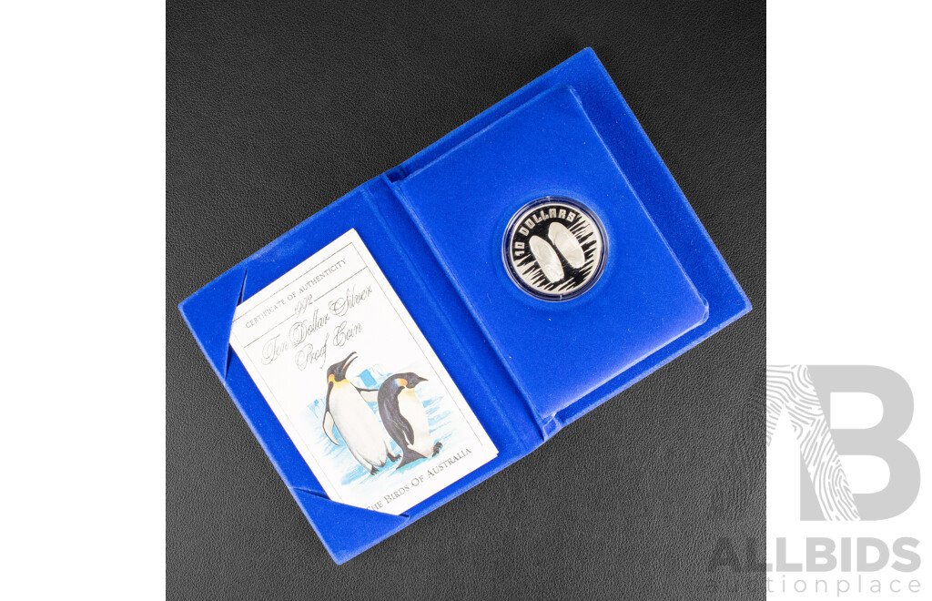 Australian RAM 1992 Silver Proof Ten Dollar Coin, Birds of Australia, Emperor Penguin .925