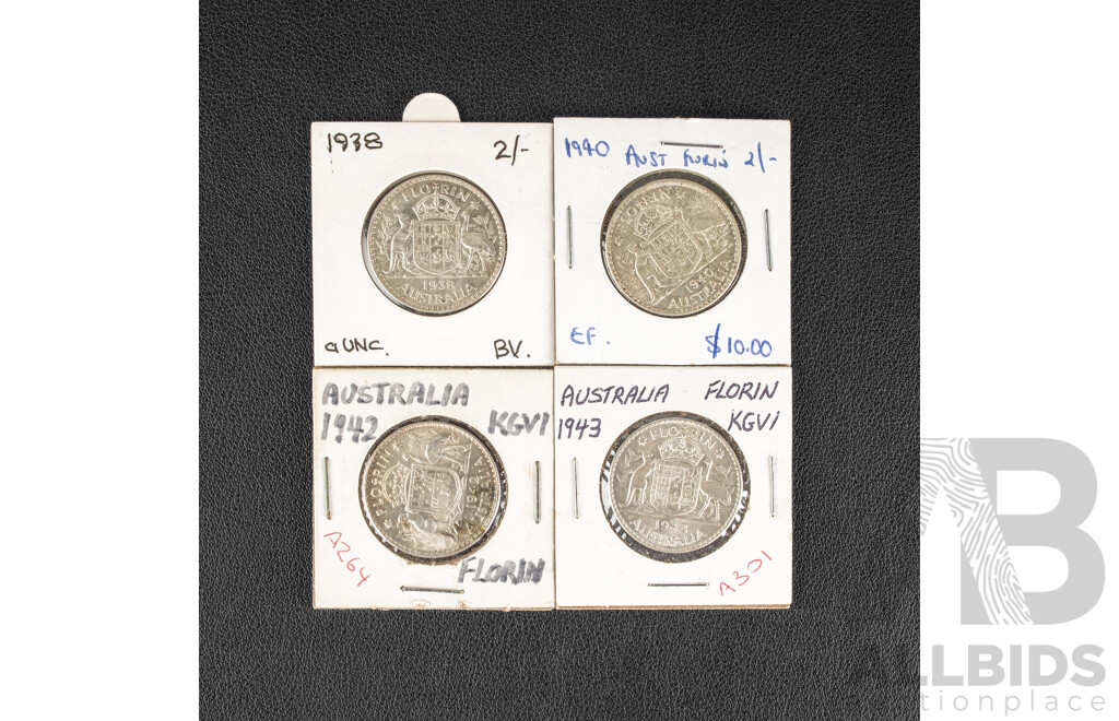 Four Australian KGVI Silver Florins 1938, 1940, 1942, 1943, High Grade .925