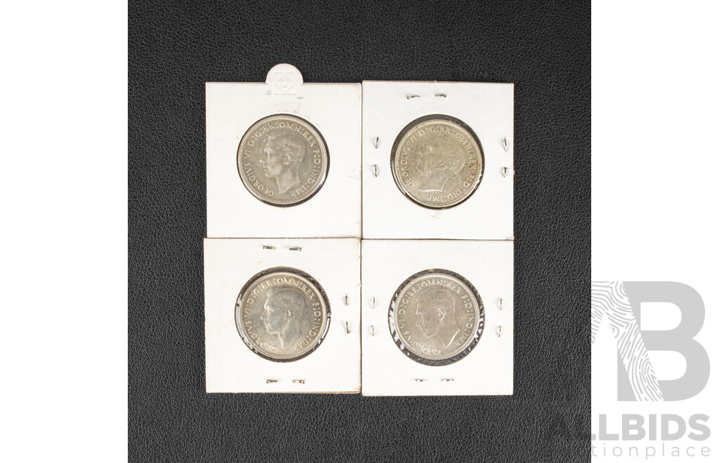 Four Australian KGVI Silver Florins 1938, 1940, 1942, 1943, High Grade .925