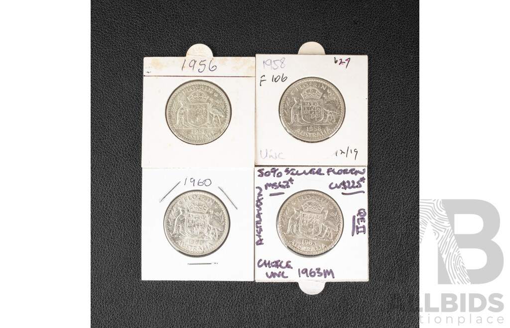 Four Australian QE2 Silver Florins 1956, 1958, 1960, 1963 High Grade .500