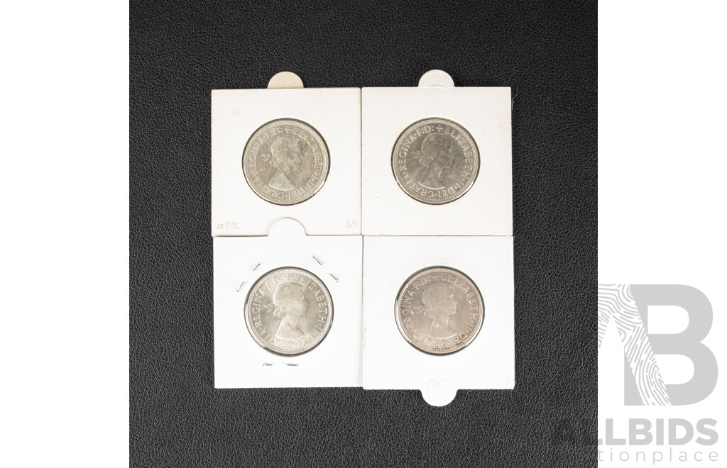 Four Australian QE2 Silver Florins 1956, 1958, 1960, 1963 High Grade .500