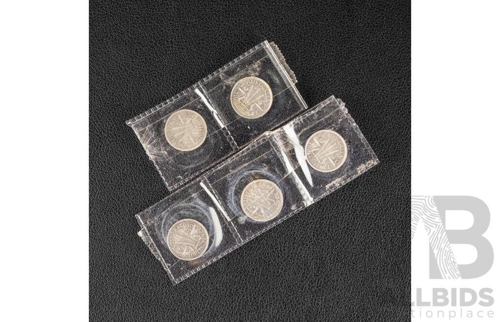 Four Australian KGVI Silver Threepence 1938,1939, 1940, 1941, 1943 High Grade .925