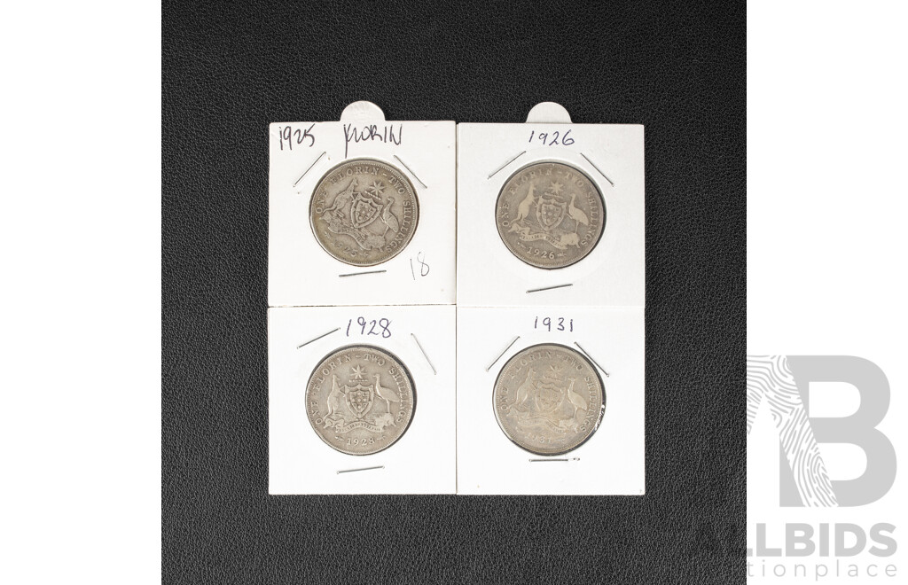 Four Australian KGV Silver Florins 1925, 1926, 1928, 1931 .925