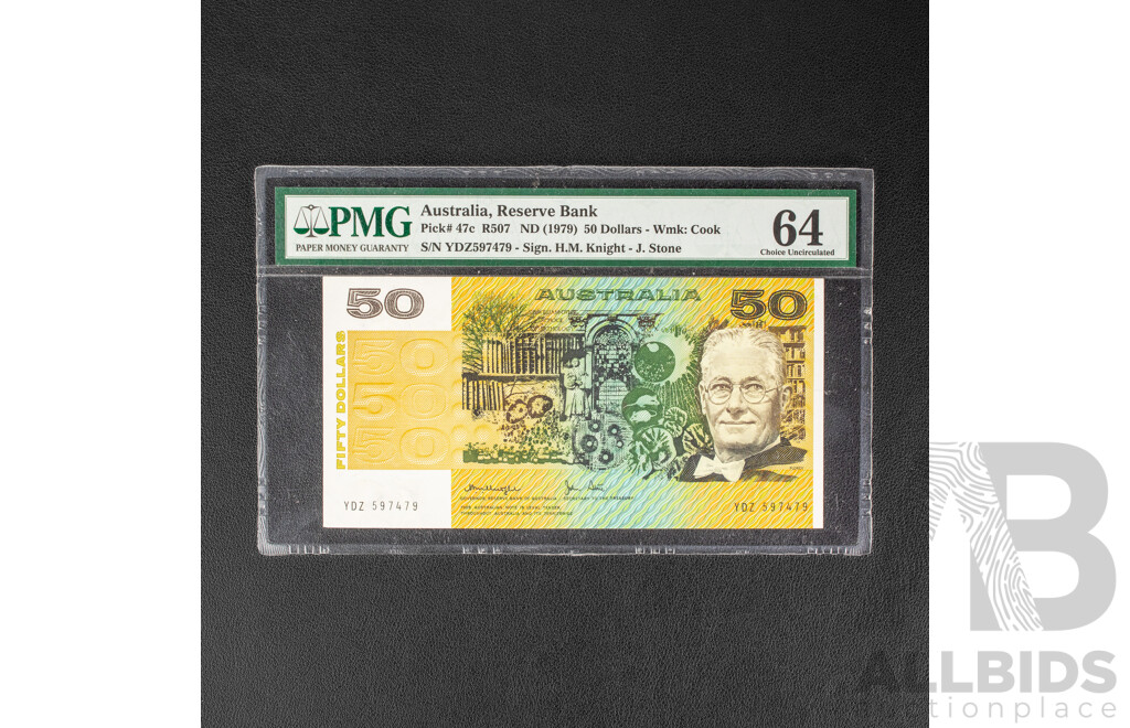 Australian 1979 Fifty Dollar Dollar Note, Knight/Stone, R507 PMG Choice 64 UNC