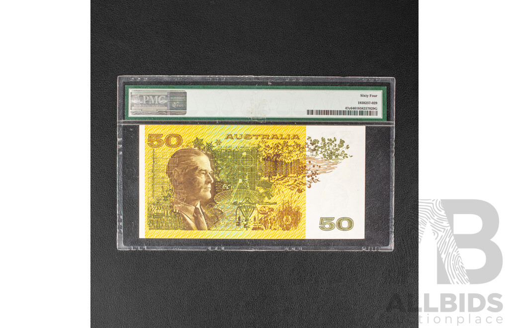 Australian 1979 Fifty Dollar Dollar Note, Knight/Stone, R507 PMG Choice 64 UNC