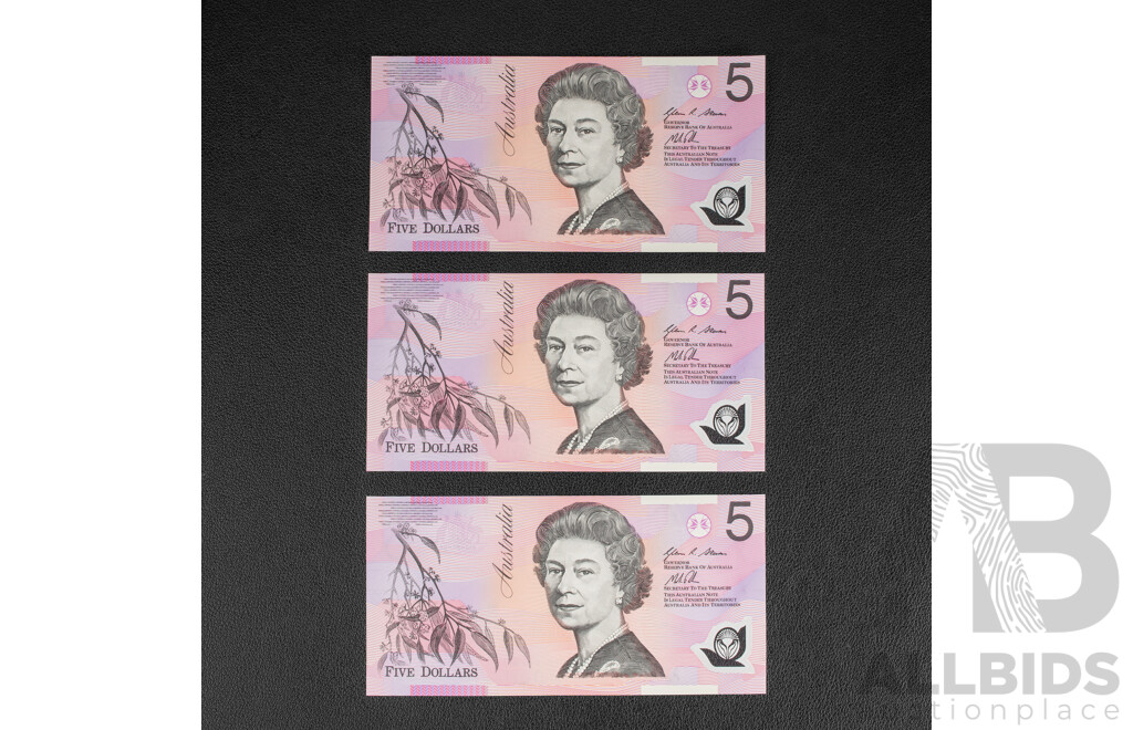 Three Australian 2013 UNC Five Dollar Notes R222bL Steven/Parkinson, Consecutive