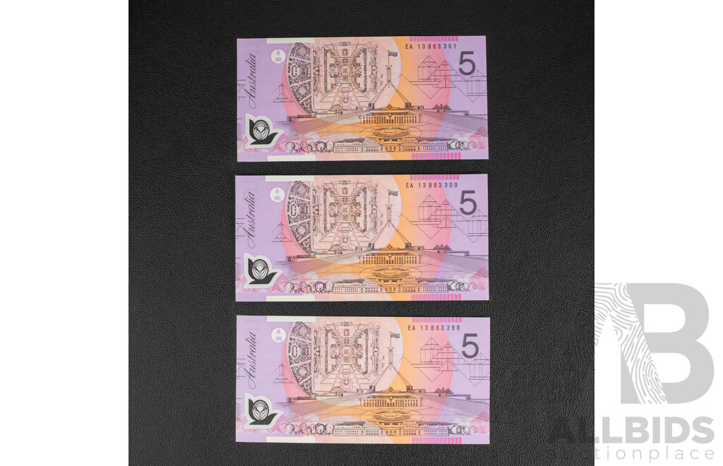 Three Australian 2013 UNC Five Dollar Notes R222bL Steven/Parkinson, Consecutive