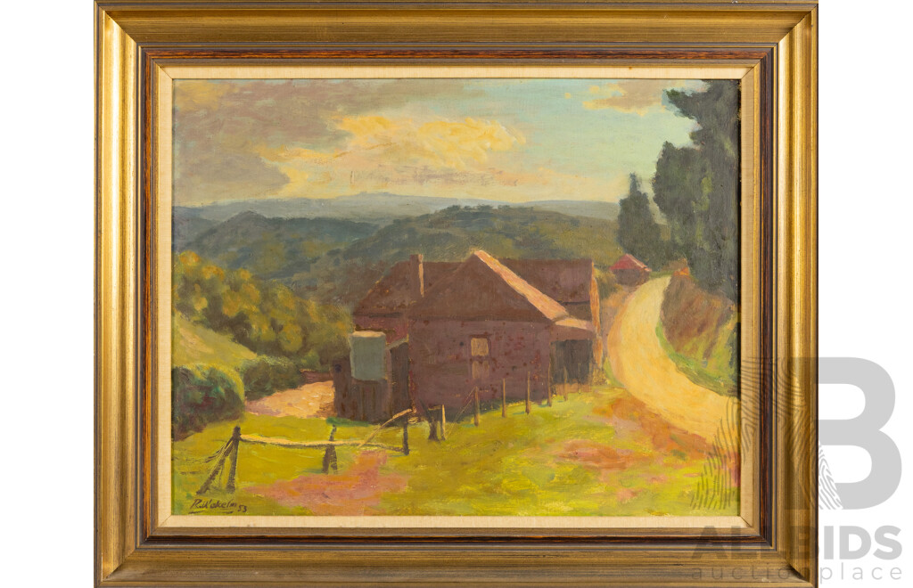 Roland (Shakespeare) Wakelin, (19/20th Centuries, New Zealand Born Australian, 1887-1971), Secluded Country House (1953), Lovely Vintage Oil on Board, 56 x 69 cm (frame)