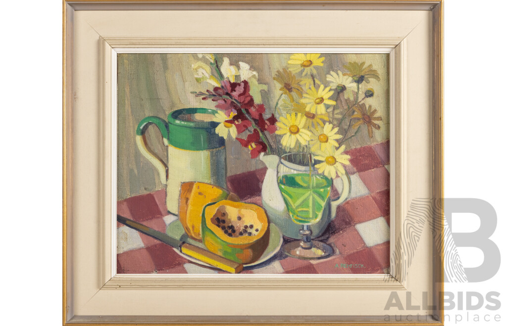 Alison Baily Rehfisch (20th Century, Australian, 1900-75), Still Life - Papaya, Jug, Flowers in Jug & Green Cordial (c1940s), Absolutely Wonderful Original Vintage Oil on Canvas Board, 47.5 x 55.5 cm (frame)