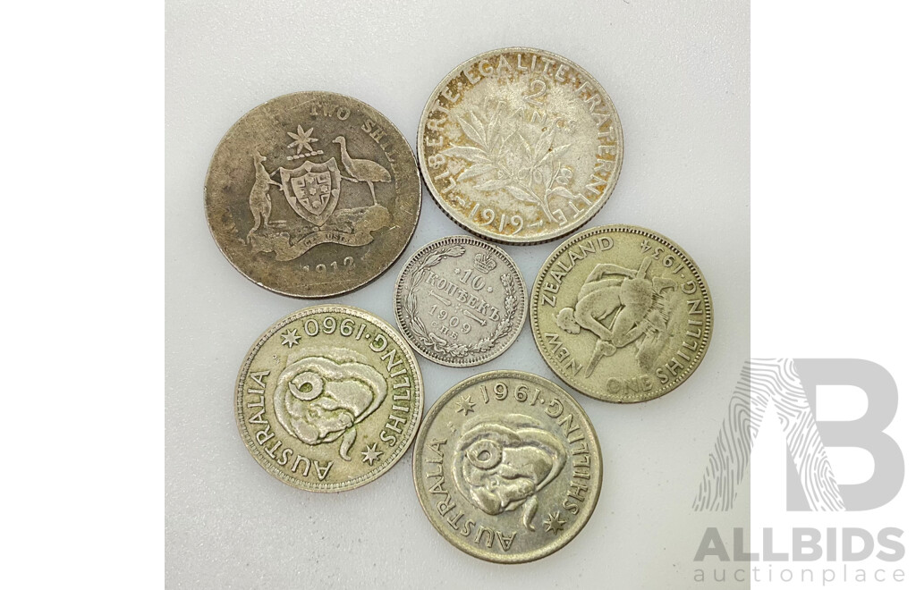 Collection of Silver Coins Including Australian 1912 Florin, 1960, 1961 Shillings, France 1919 Two Francs, New Zealand 1934 Shilling, Russian 1909 Ten Kopeks