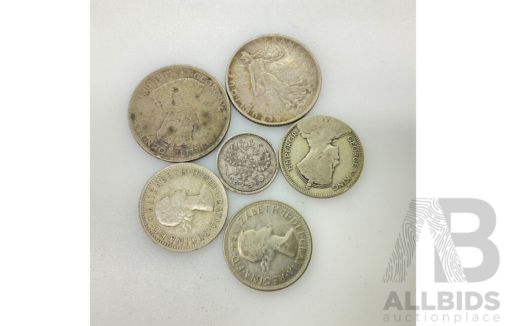 Collection of Silver Coins Including Australian 1912 Florin, 1960, 1961 Shillings, France 1919 Two Francs, New Zealand 1934 Shilling, Russian 1909 Ten Kopeks