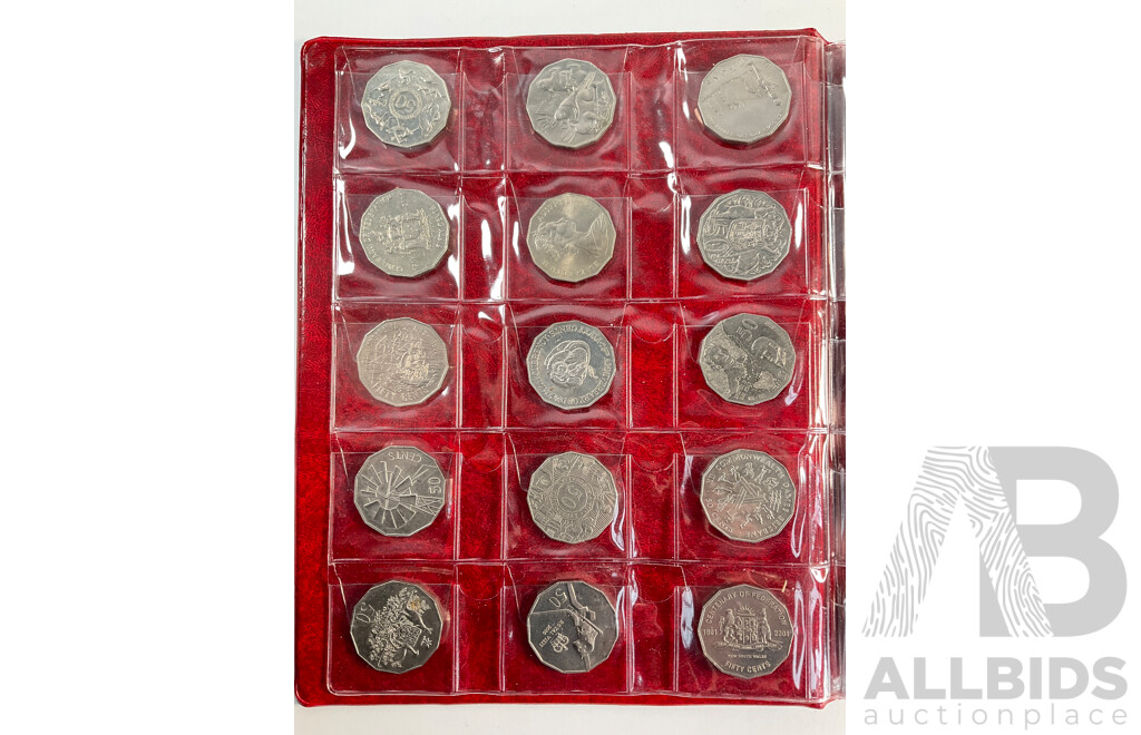 Album of Mostly Australian Collectable Coins Including Two 1966 Silver Round Fifty Cent Coins, Two 1947 Silver Florins, Fifty Cents Including 2017 UNC Year of the Rooster, 1979 Double Bar, Commemoratives Spanning 1977 to 2017